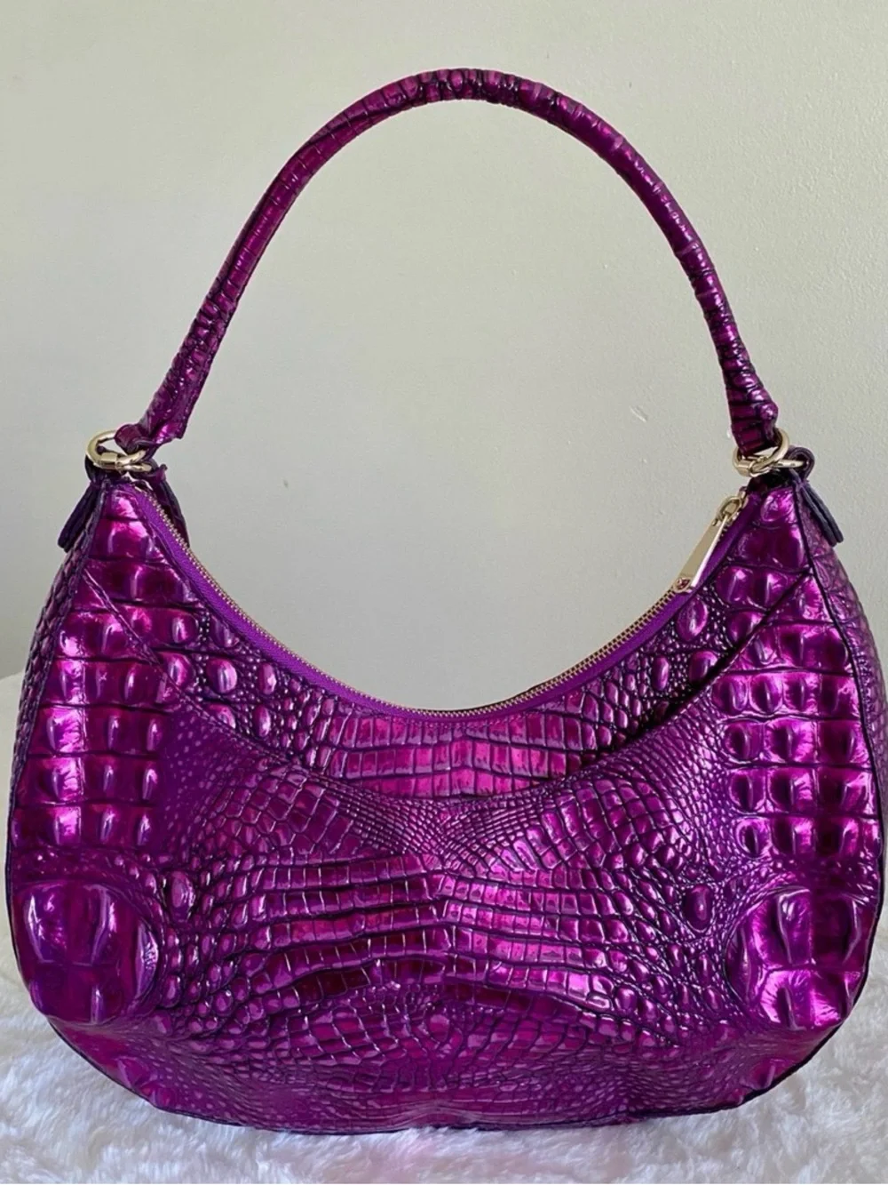 Brahmin Metallic Becka Purple Potion Croc-Embossed Melbourne Shoulder Hobo